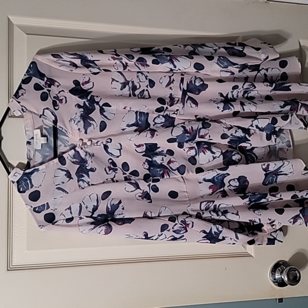 Umgee Peach w/Blue&White Floral V-Neck Oversized Tunic Women's S Great Cond